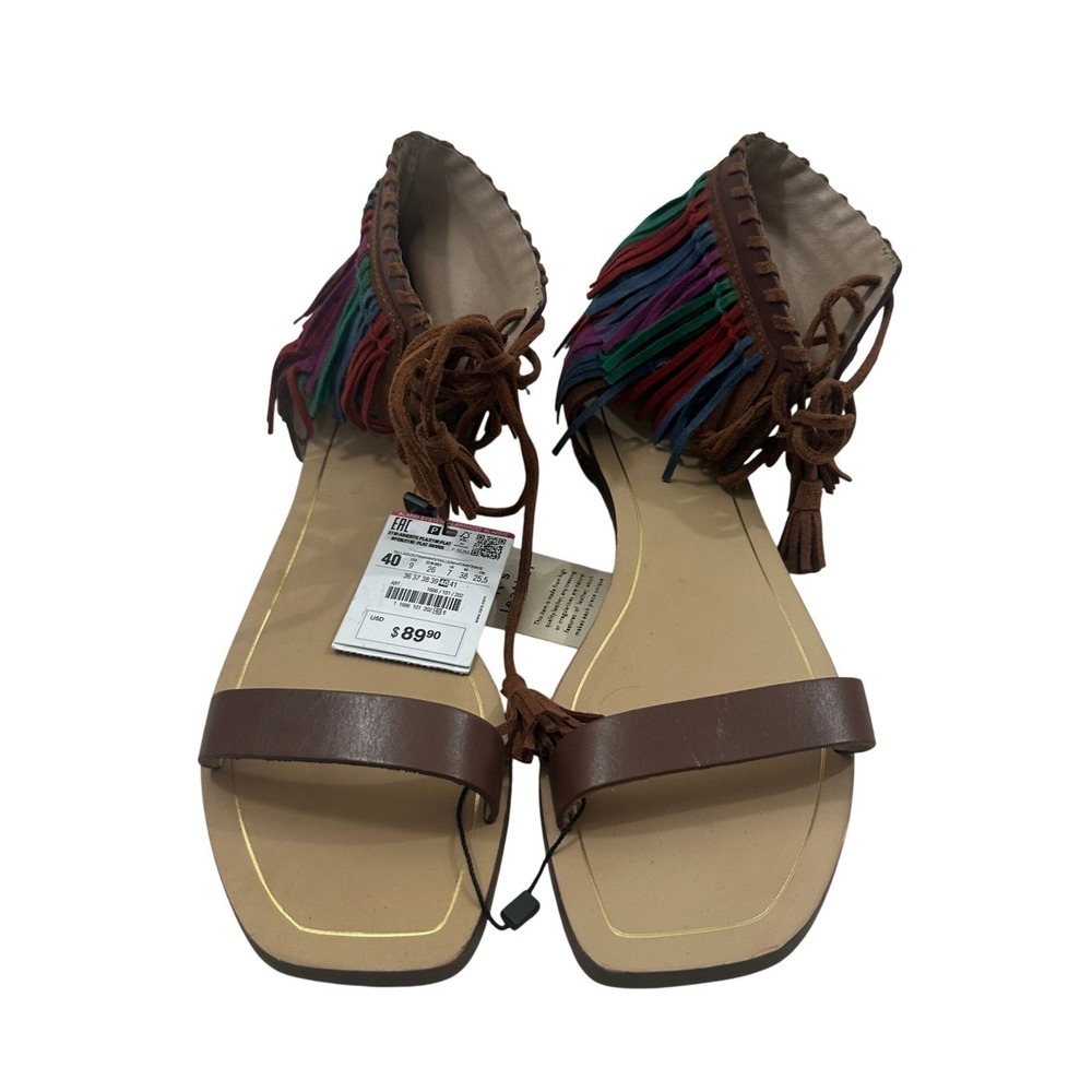 Zara Woman Leather Fringe Sandals Brown Multi Color Lace Up Boho Flat 40 NEW - Picture 2 of 8